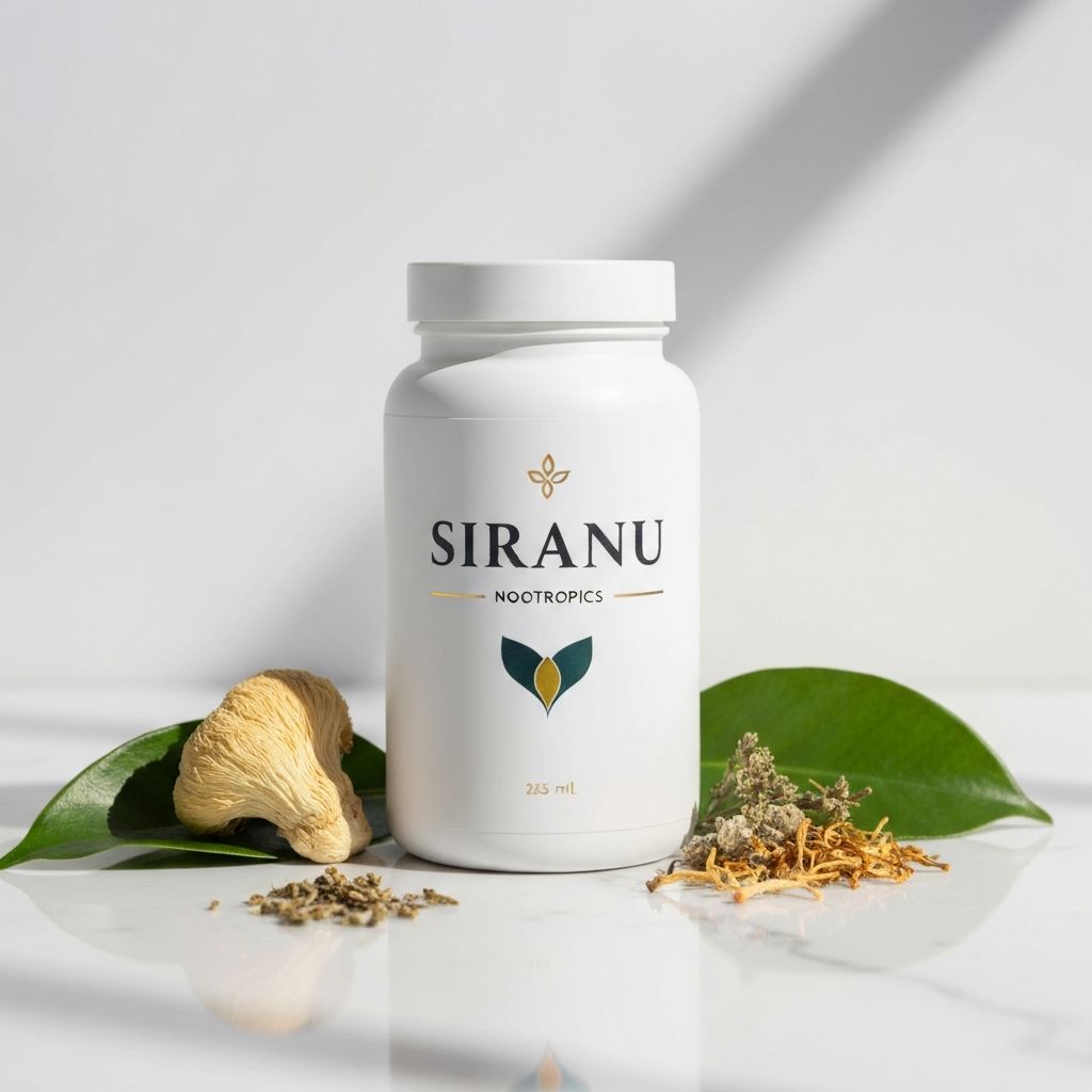 Siranu Nootropics bottle surrounded by natural botanical ingredients